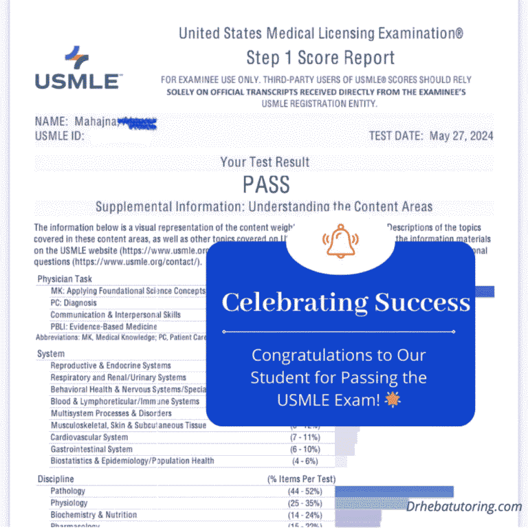 One of our proud students has successfully passed the USMLE Step 1 with the help of Dr. Heba Tutoring’s personalized guidance and study plan.